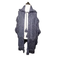 GAP Cable Knit Fringe Shawl Collar Poncho Cape Blue Tassel Wool Blend One Size