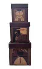 3 Vtg Snowman Stacking Nesting Boxes Blossom Bucket Primitive Folk Art Christmas