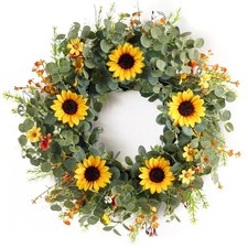 New Best 24 Inch Eucalyptus and Sunflower Wreath for Front Door Decor Artificial