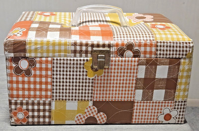 Vintage 1970s Retro Quilted Sewing Box & Tray - Orange, Yellow & Brown Vinyl