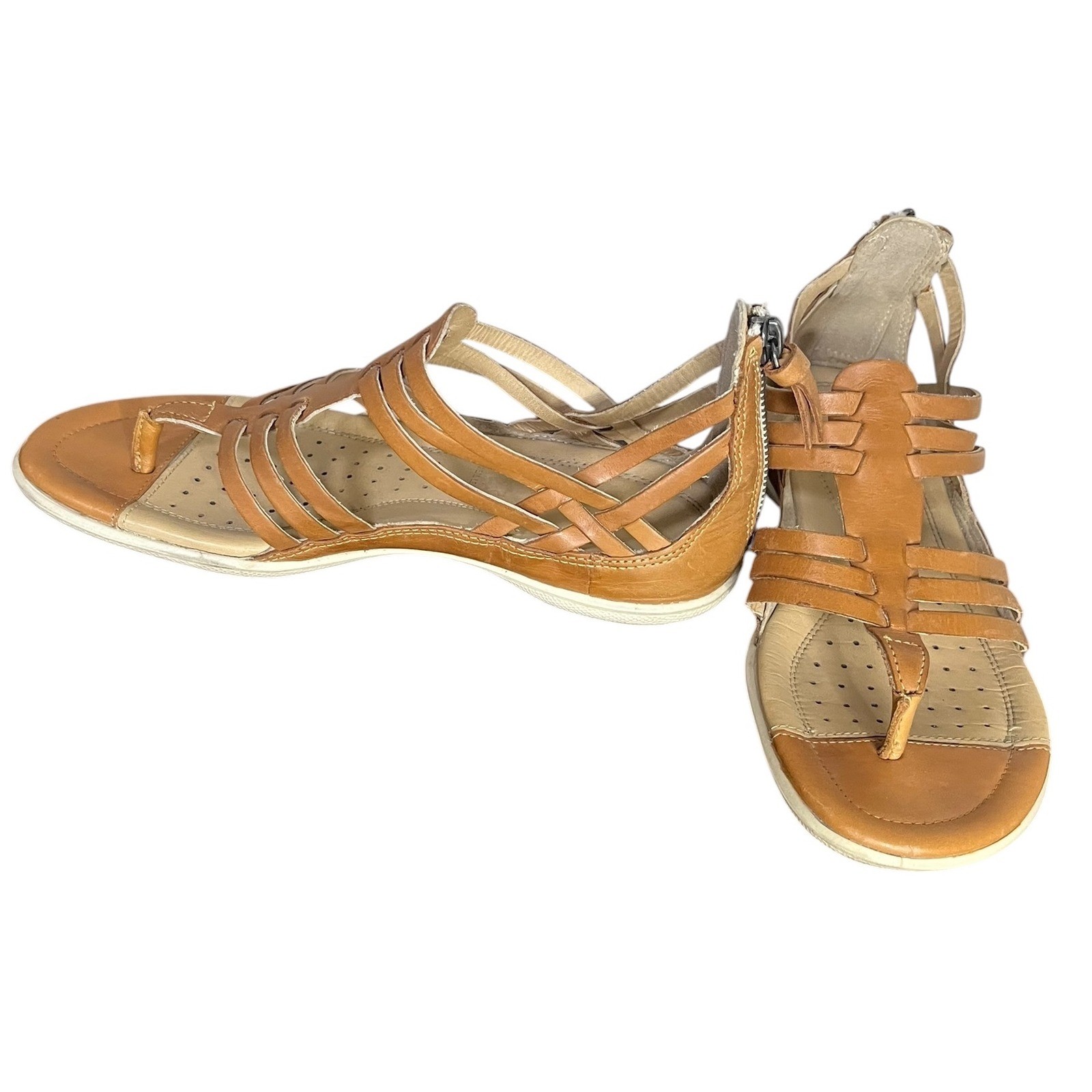Sandalia Ecco Flash Tostada Cuero Coñac Tirantes Plano Huarache Zapato Para Mujer Talla 6