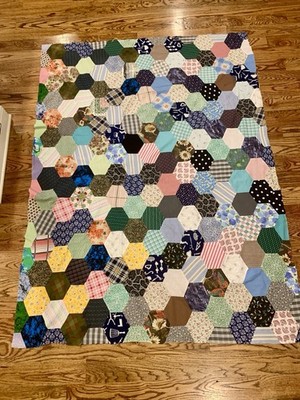 Vintage Honeycomb Hexagon Hand Pieced Patchwork Quilt TOP - 77 x 57 