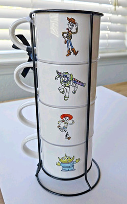 RAE DUNN Pixar Disney Toy Story Reach For The Sky Stacked 4 Mug GiftSet w Holder