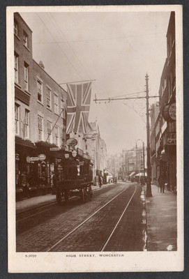 Postkarte Worcester Worcestershire Geschäfte High Street Union Flagge frühe RP von WHS