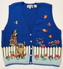 Bechamel Cat Sweater Vest L Blue Knit Picket Fence Butterflies Whimsical Vintage