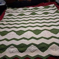 Large Green White Chevron Crochet Yarn Sofa Throw Blanket, Handmade, Vintage