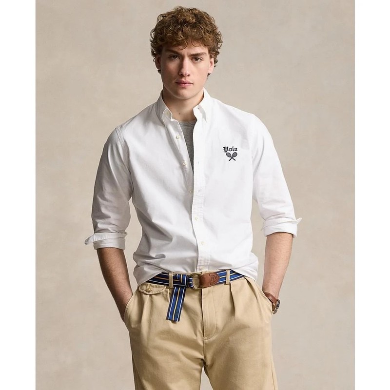 Polo Ralph Lauren Tennis Graphic Classic Fit Oxford Shirt- White- Sz LG-New