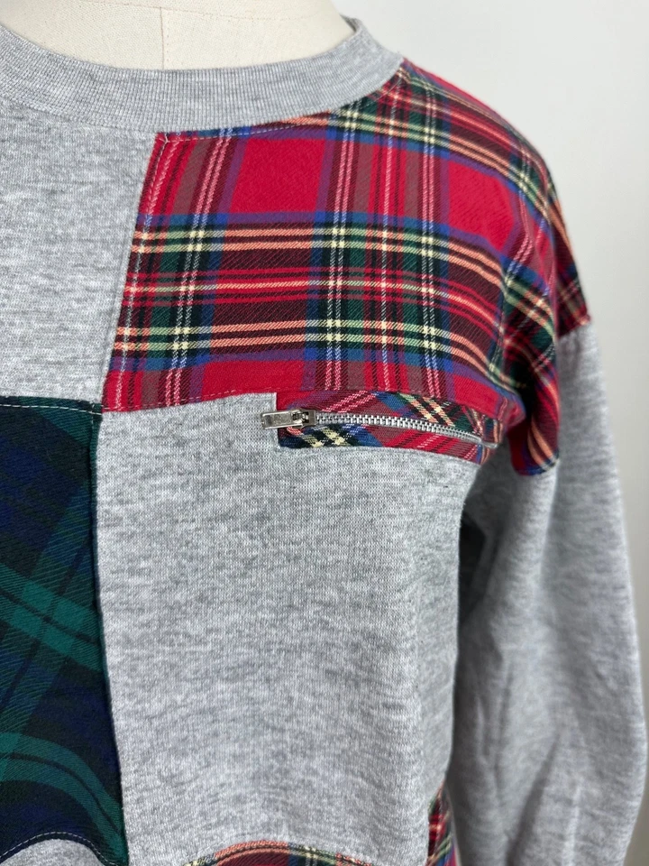 Sudadera De Colección Años 90 Gris Jaspeado Para Mujer Mediana Tartán Cuadros Patchwork Preppy Foto 3 de 4