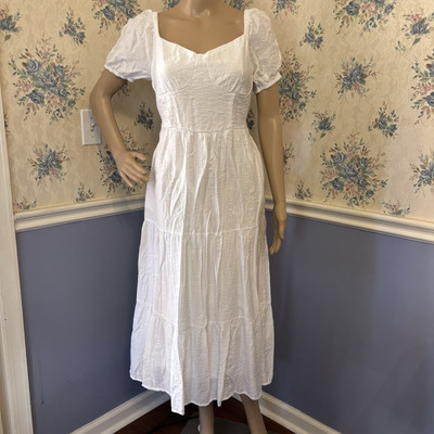 Jessica Simpson White Smocked Puff Sleeve Midi Dress, Size M | eBay