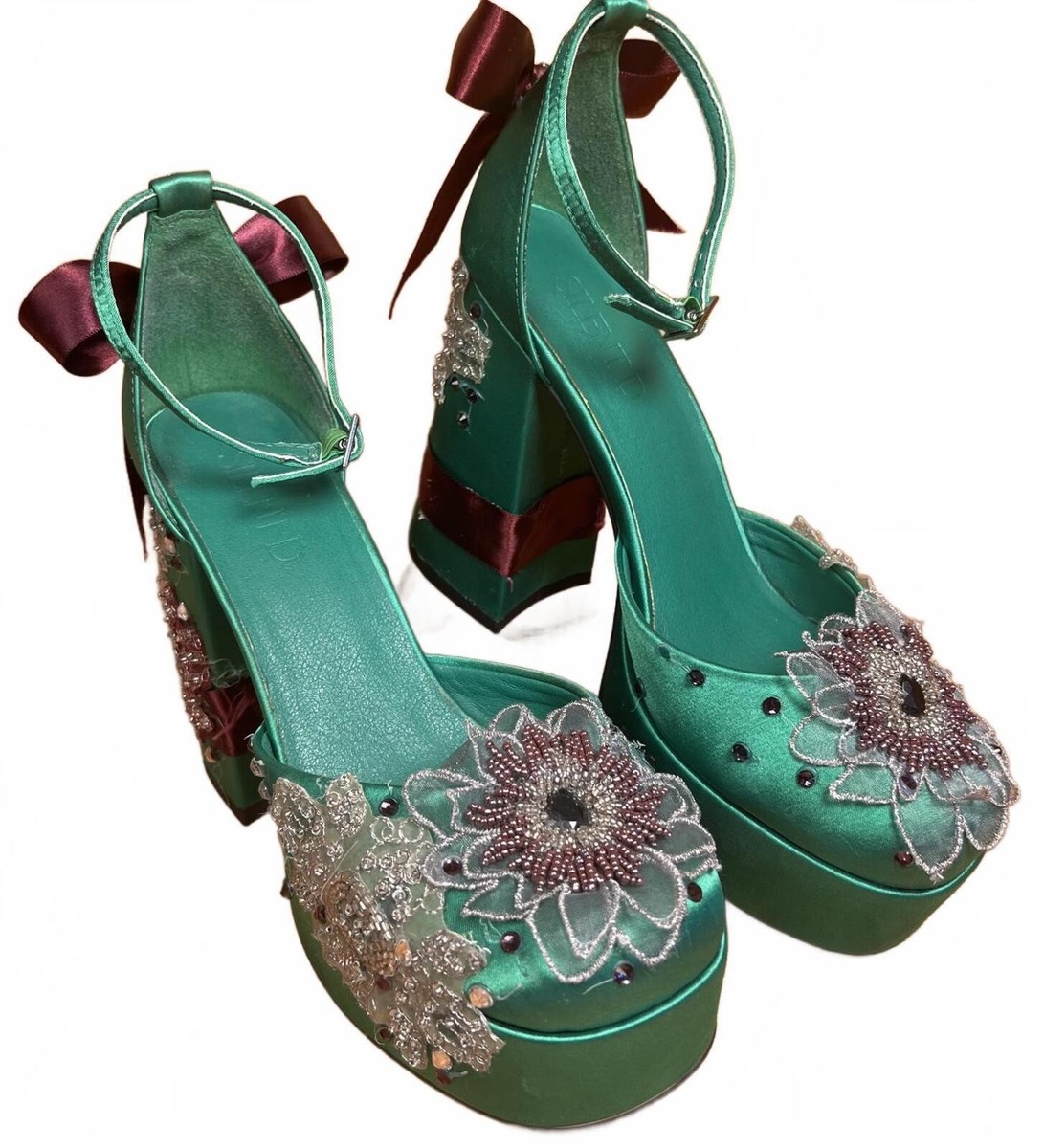 Silent D Green Satin Platform Heels & Floral Embellishments and Bow Size 39/8.5