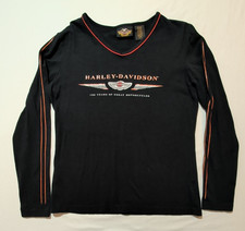Harley Davidson Shirt Women's Large Black Long Sleeve V Neck Made in USA Vintage