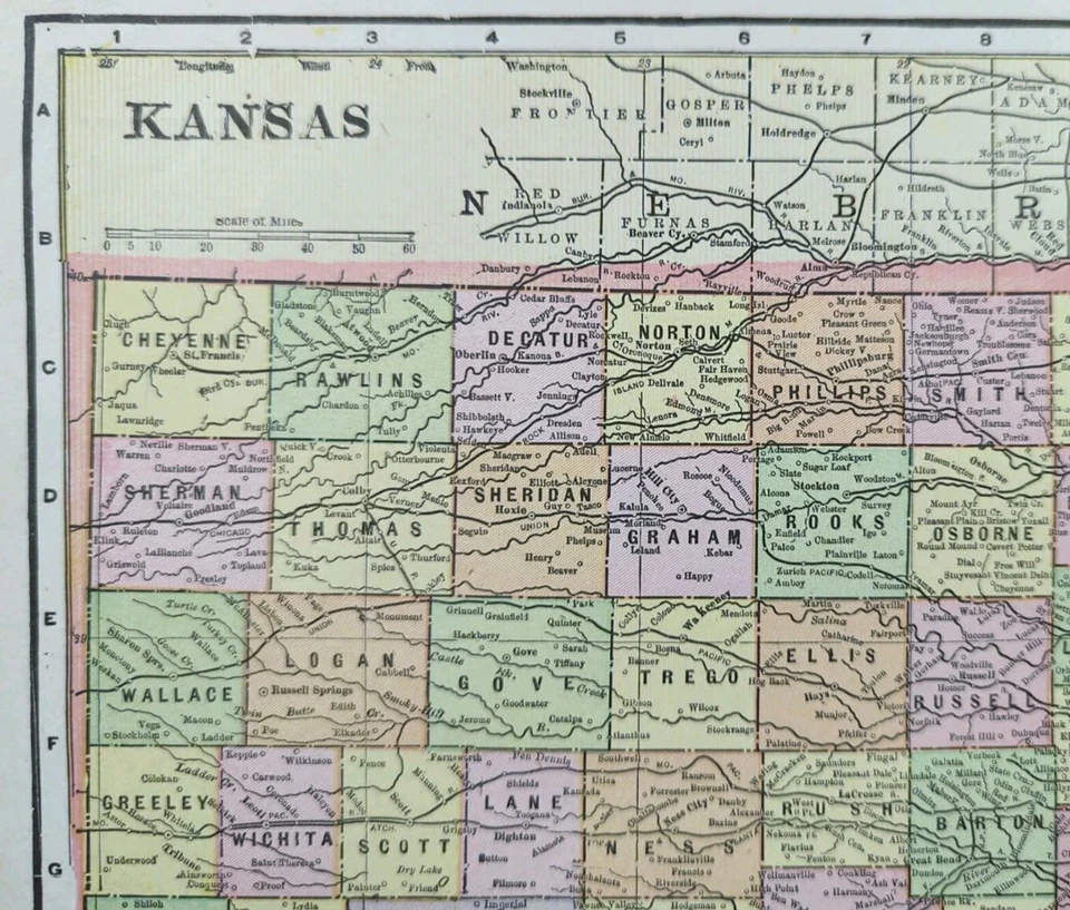 Vintage 1900 KANSAS Map 14"x11" ~ Old Antique Original SALINA TOPEKA WICHITA - Image 4 of 4