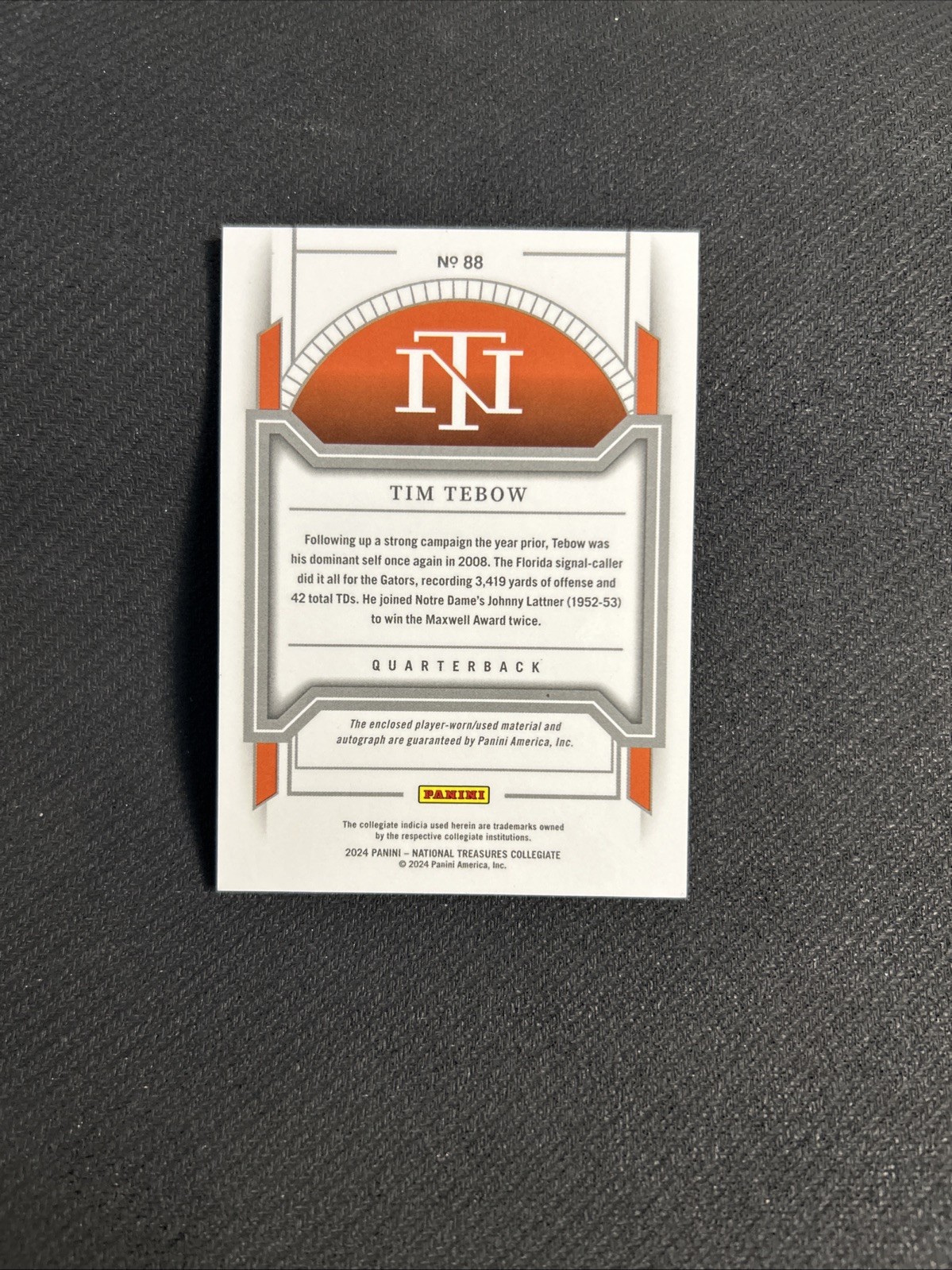 2025 National Treasures Collegiate Tim Tebow Patch Auto /99 Florida Gators view 2
