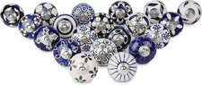 Ceramic Cabinet Knobs Set of 20 Blue White Hand-Painted, Glossy