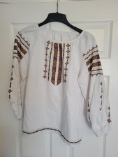 Embroidered Ukrainian Traditional Cotton Blouse White Long Sleeve Folk Pattern