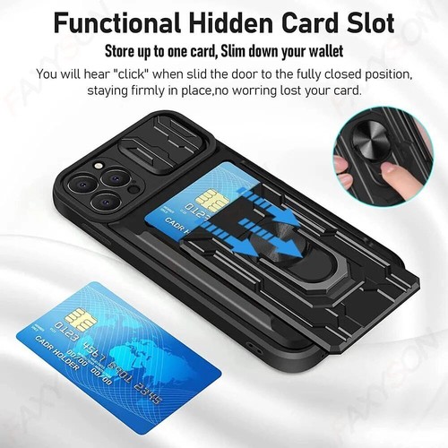 Case For iPhone 15 Pro Max 14 13 12 11 8 Camera Cover Card Slot Shockproof Stand - Picture 2 of 33