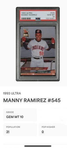 1993 ULTRA #545 MANNY RAMIREZ PSA 10 EXTREMELY RARE POPULATION 31 - Picture 3 of 3