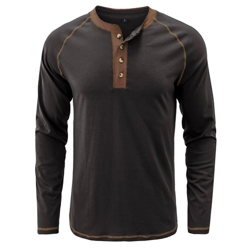 Mens Long Sleeve T Shirt Fall Henley Crew Neck Soft Button Tee Spring Fall Top - Bild 7 von 25