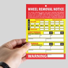 WHEEL REMOVAL NOTICE TAG  - CARD RE-TORQUE WARNING (50 CARDS) - WITH BANDS