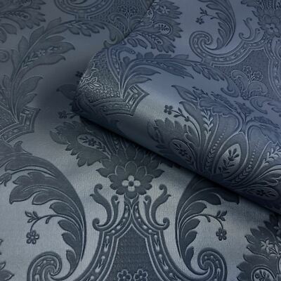 Belgravia Amara Floral Damask Shiny Textured Wallpaper - Navy Blue 7371