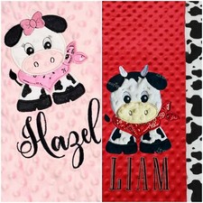 Personalized Cow Boy Red or Girl Pink Dot Minky Baby Blanket Free Custom Bib
