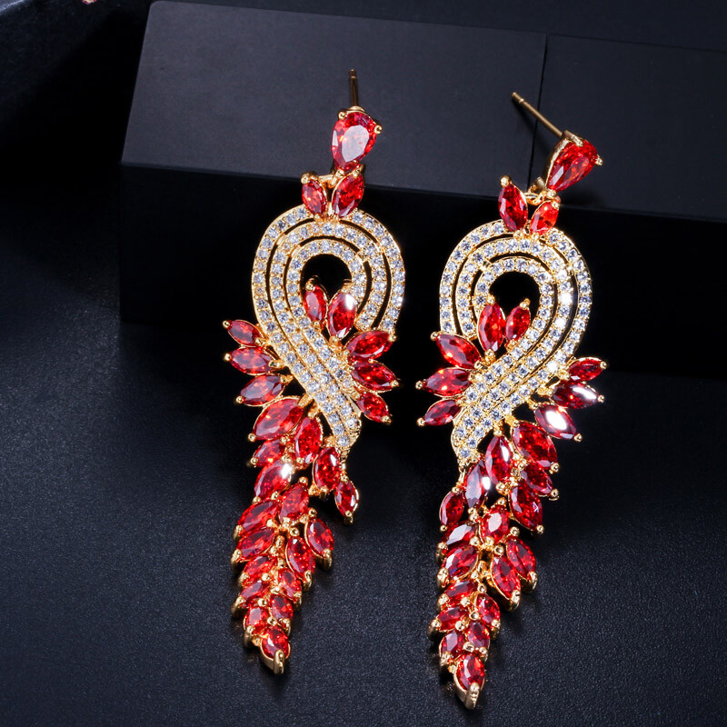 Elegantes Pendientes Colgantes Colgantes de Piedra Circonial Oro Amarillo Rojo Piedra Circonial Hoja Larga para Fiesta de Baile