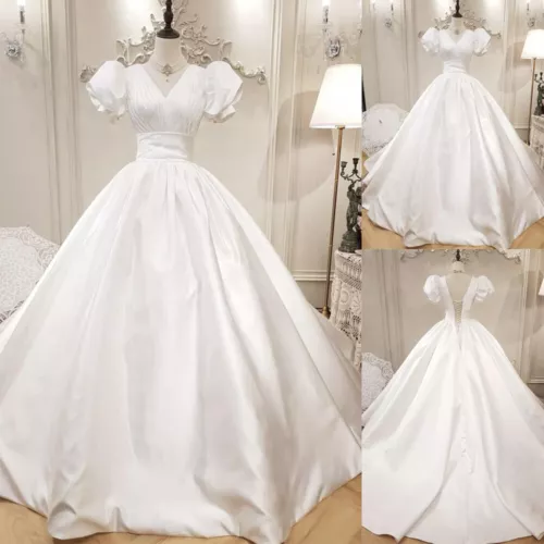 White Vintage Wedding Dresses Satin Princess Puff Sleeves A Line Bridal Gowns