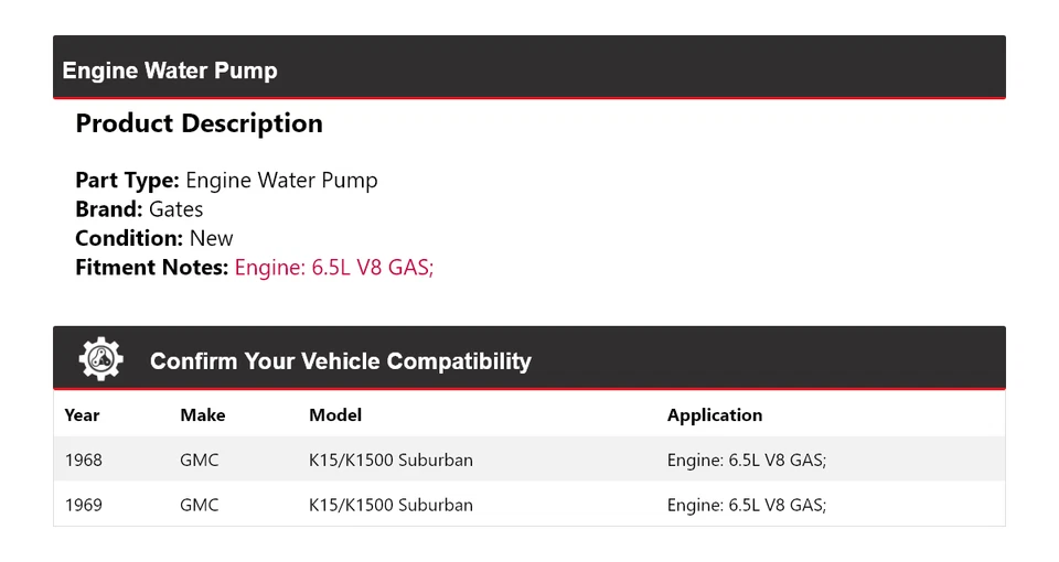Para GMC K15/K1500 1968-1969 Suburban 6,5 L V8 motor de gas puertas de bomba de agua Foto 2 de 4