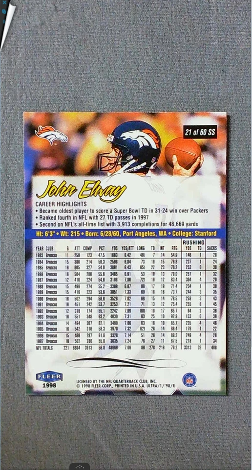 1998 Ultra Sensational 60 #21SS John Elway Broncos - Image 2 of 2