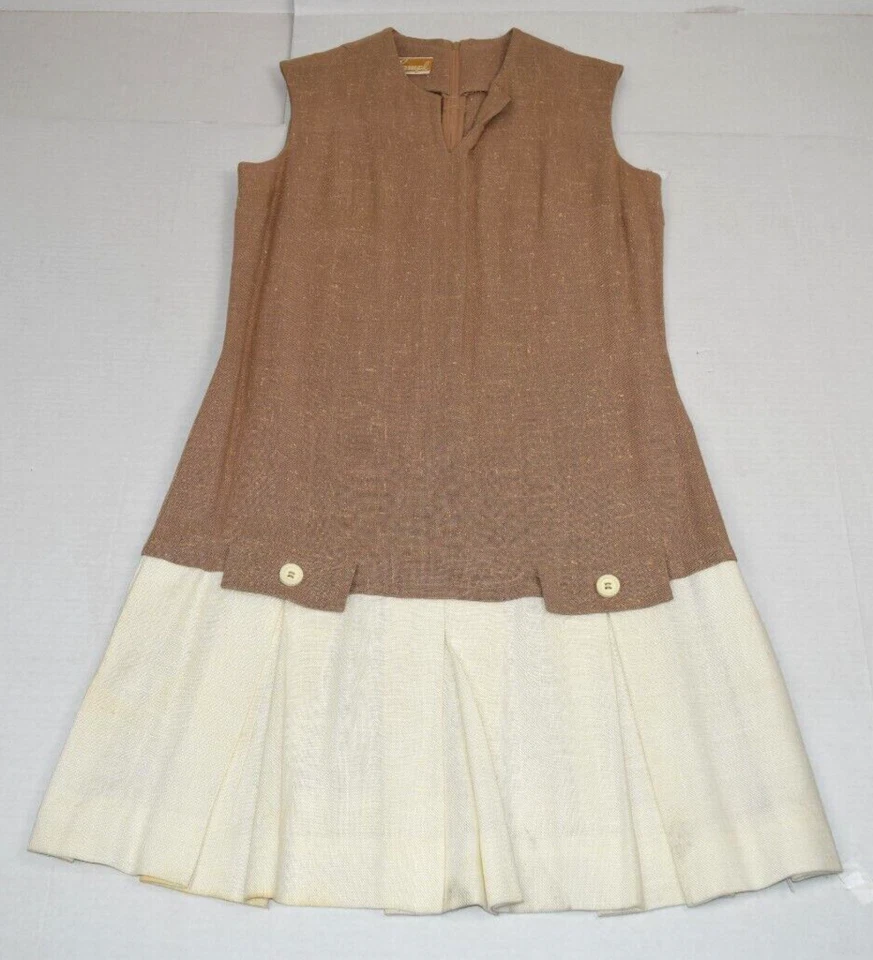 Lámpara de Vestido Midi Vintage S/M Años 50 60 Mod Café Au Lait Marrón Cremoso Marfil Lino Foto 3 de 4