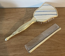 Vintage 60's VANITY SET BRUSH  COMB Blue/Gold Striped Design - Nylon Brush USA