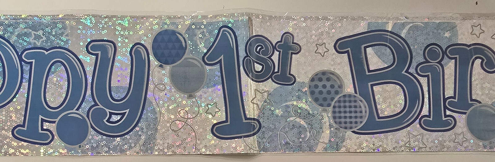 Happy 1st Birthday 1 Today Foil Holographic Banner Silver Blue 2.6m or 3 x 87cm