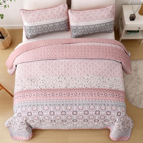 WONGS Queen/King 3-Pcs Boho Quilt Set - Bohemian Patchwork Microfiber Coverlet - Picture 74 of 108