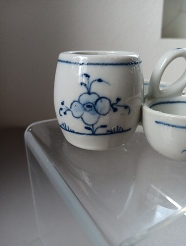 VTG German Blue White Porcelain Condiments Server Trio Handle Delft Style Floral - Picture 6 of 9