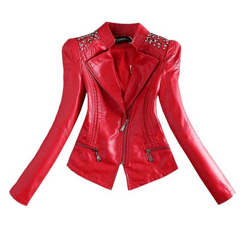 Women's Punk Studded Rivets Faux Leather Jacket Red Slim Motorbiker Coat Outwear - Bild 10 von 13