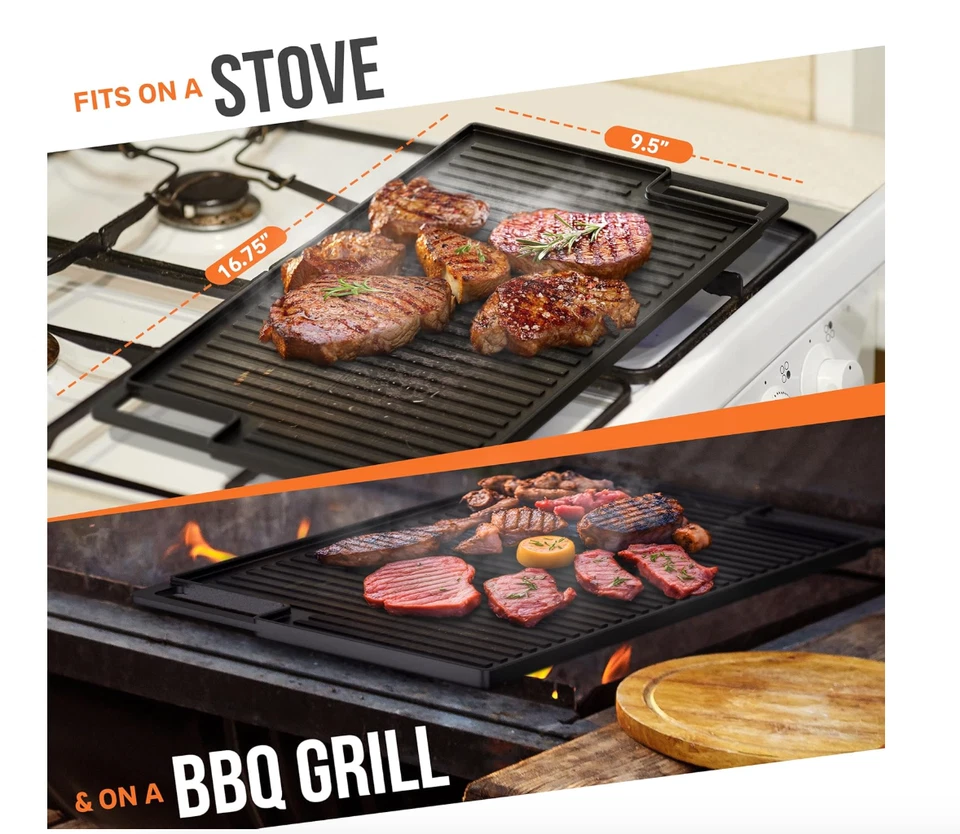 Cast Iron Griddle, Reversible Grill/Griddle + Cast Iron Press + Pan Scraper - Image 3 of 4