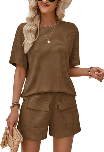 Completo Donna Estivo 2 Pezzi Casual Set Pantaloncini Con Tasche E Maniche Corte - Foto 11 di 12