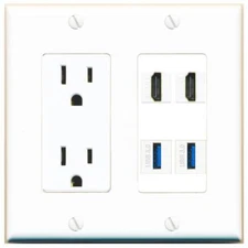 2 HD 2 USB-3 Port Wall Plate w/Power Outlet White