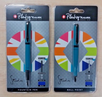 NEU PLATIGNUM STUDIO TÜRKIS FARBE BRUNNEN & KUGELSTIFT + 1 BLAU 1 SCHWARZE NACHFÜLLUNG.