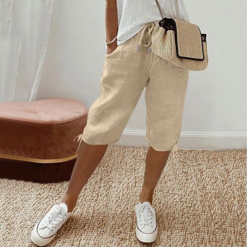 Womens Summer Cotton Linen Baggy Shorts Ladies Comfy Casual Knee Length Pants - Picture 34 of 61