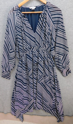 H&M Blue White Knee Length Dress Asymmetrical Tie Waist Lined Size 12