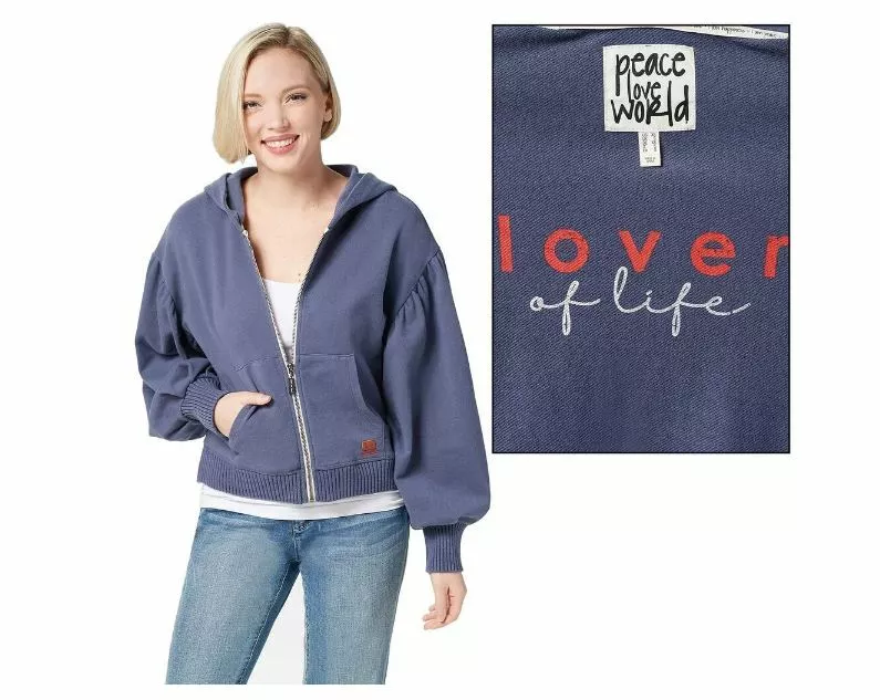 Peace Love World French Terry Novelty Sleeve Zip Front Hoodie Blue