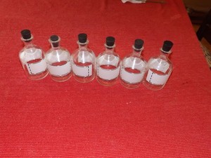 6 Chemistry Lab bottles or kitchen with rubber corks very nice