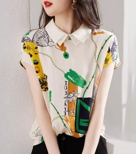 Fashion Women's Lapel Short Sleeve Shirt Floral Print Summer thin Tops Clothing