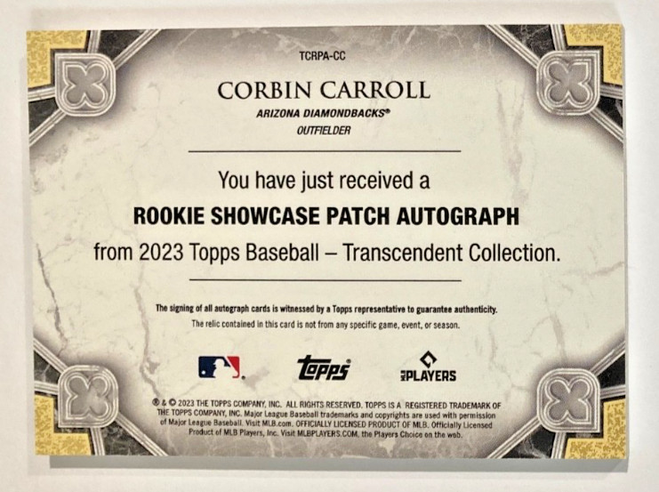 2023 TOPPS TRANSCENDENT CORBIN CARROLL ROOKIE AUTO LOGO PATCH SSP TRUE #1/1 ROY view 2