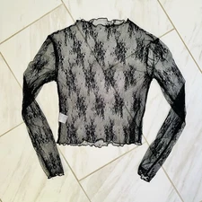 Black Lace Mesh Sheer Long Sleeve Crop Top Lettuce Trim Y2K Grunge S