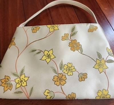 Gold Satin Floral Print Small Evening Handbag Cosmetic Makeup Bag Avon 2003 New