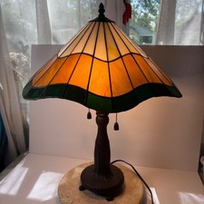 Tiffany Style Stained Glass Table Lamp 23" Amber Green Mission Pull Chain