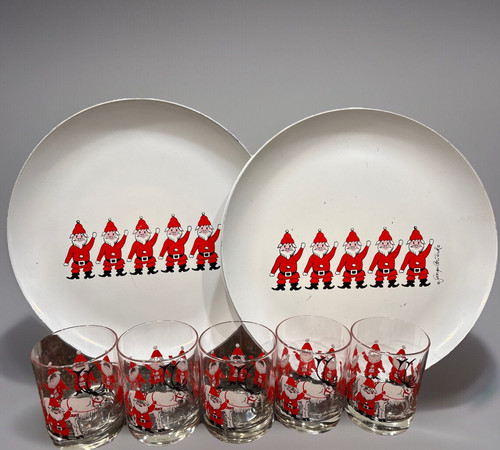 Set 5 bicchieri SANTA Natale GEORGES BRIARD e 2 vassoi abbinati da 14" - Foto 1 di 17