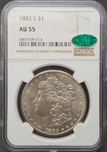 1883-S Morgan Silver Dollar – NGC AU55 | CAC Approved!